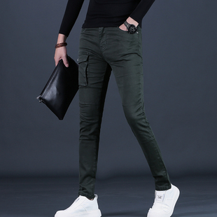 裤子男早秋男装牛仔裤男士潮流修身瘦腿小脚休闲长裤显瘦绿色男裤