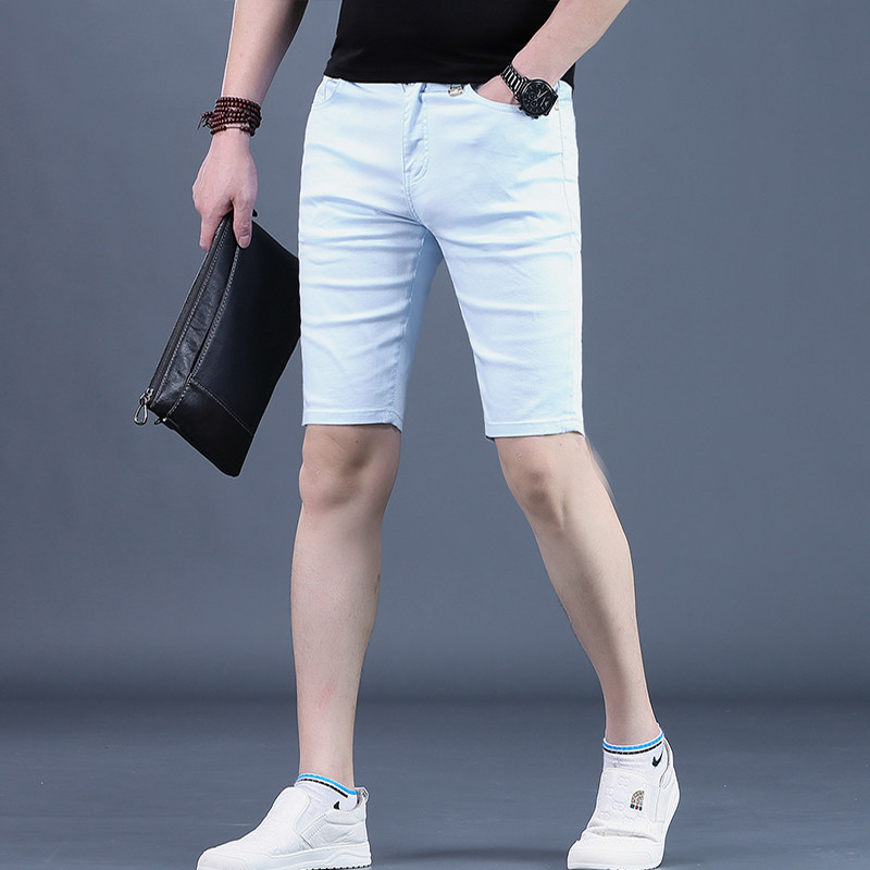 夏季牛仔短裤男士五分休闲裤潮流浅蓝色修身中裤薄5分裤子男新款