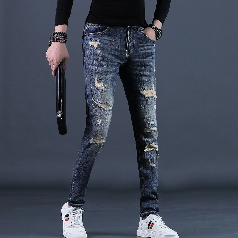 裤子男秋款牛仔裤男士高级破洞