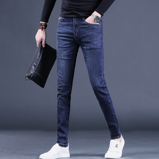 秋冬男装裤子时尚牛仔裤男士潮流修身小脚长裤蓝色潮牌百搭男裤厚