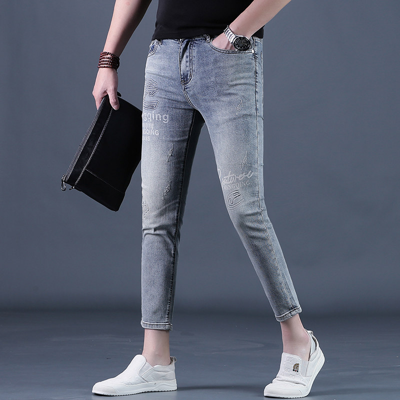 夏季九分裤男士牛仔裤浅色绣花