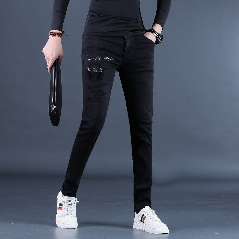 秋冬牛仔裤男士潮牌刺绣花修身