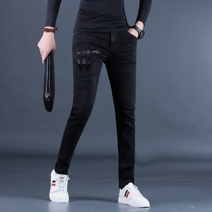 秋冬牛仔裤男士潮牌刺绣花修身小脚高端休闲长裤子潮男潮流厚款25