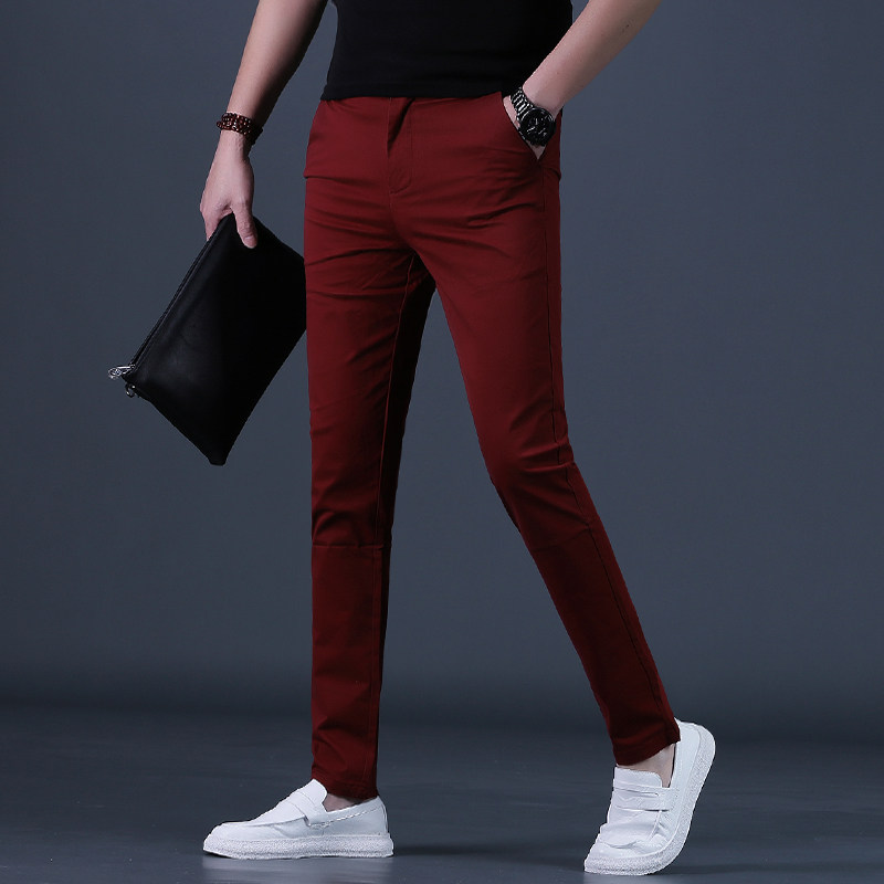 夏季休闲裤男款高级潮流修身小脚男士长裤薄凉感青年红色裤子26薄