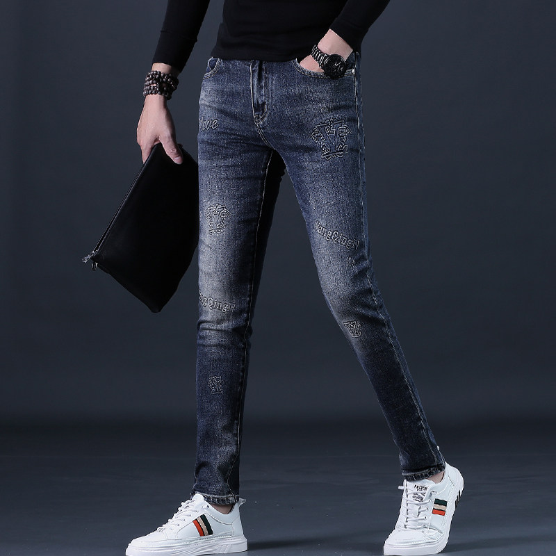 牛仔裤男款秋季潮流刺绣花修身小脚弹力2025上新男士休闲长裤潮男