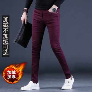2025秋冬新款裤子男士牛仔裤韩版潮流修身小脚休闲长裤厚红色男裤