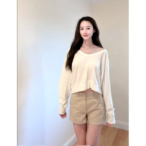 韩系辣妹大V领长袖T恤女
