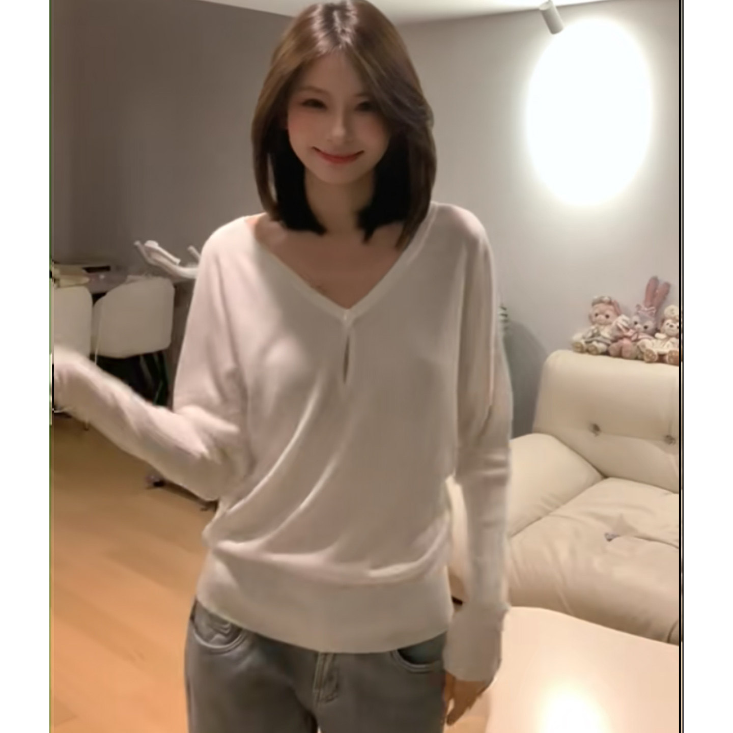 美式辣妹蝙蝠袖半开V领可调节T恤女简约宽松休闲百搭长袖针织上衣