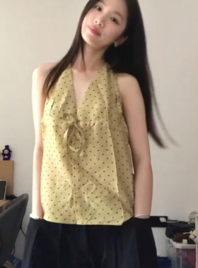 设计感小众黄色波点印花挂脖背心吊带女夏季辣妹V领露背性感上衣