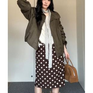 miu系棕色波点半身裙女复古松弛感松紧腰宽松休闲百搭中长款 A字裙