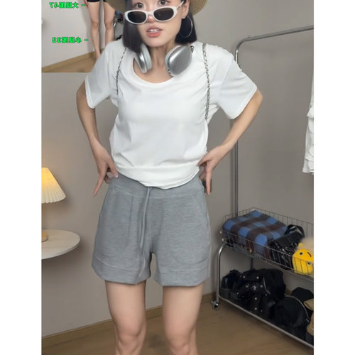 休闲运动灰色抽绳短裤女