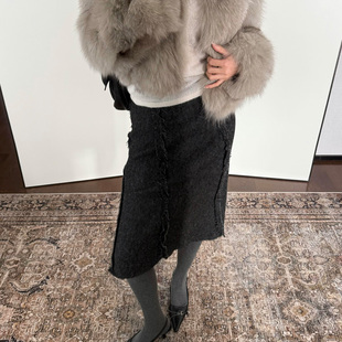 法式 低腰百搭重工A字裙中裙 复古斜纹毛边深灰色半身裙女2026新款