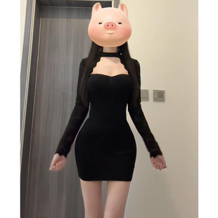 蕾丝长袖 性感挂脖短裙 赫本风连衣裙女设计感小众显瘦气质辣妹修身