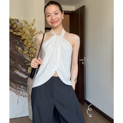 挂脖扭结白色背心吊带女