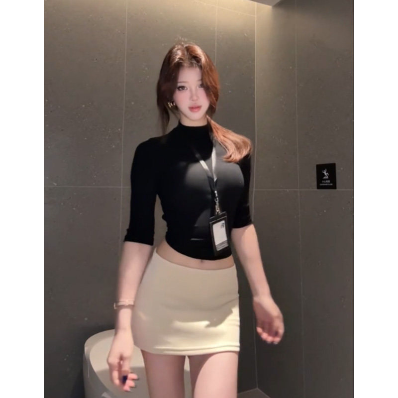 辣妹性感紧身套装女黑色半高领针织中袖T恤上衣修身低腰包臀短裙