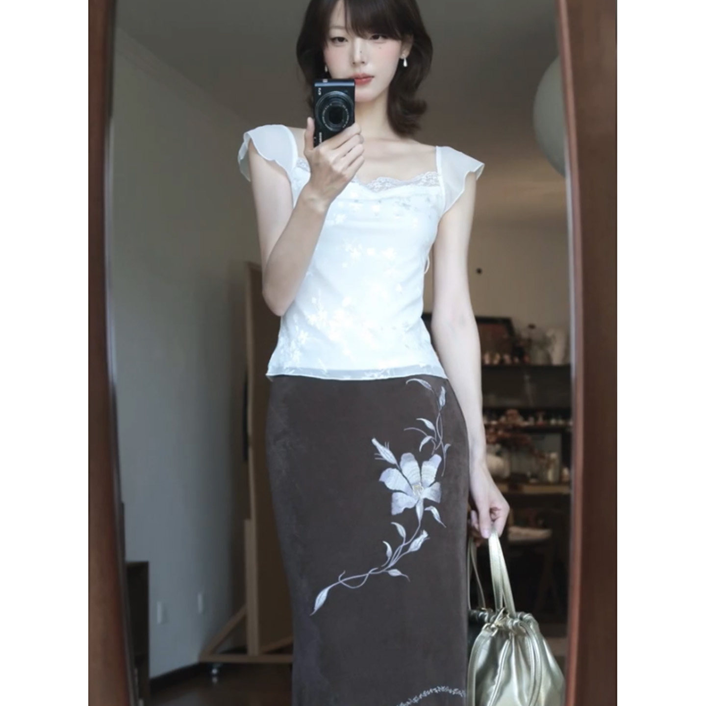 棕色百合花刺绣半身裙女设计感高腰显瘦休闲百搭包臀A字鱼尾中裙