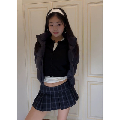 美式复古蓝格纹百褶裙女