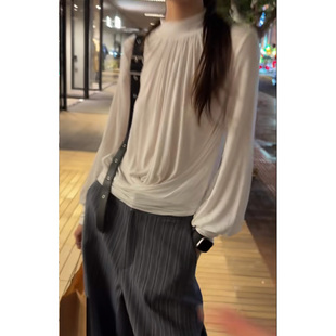 法式长袖高领修身蓬蓬下摆垂坠T恤女设计感宽松休闲百搭打底上衣