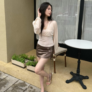 辣妹亮面不规则低腰短裙裤女包臀系带蝴蝶结翻折腰头缎面半身裙