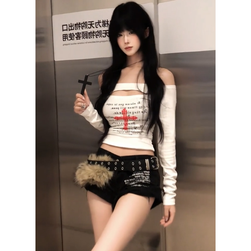 美式辣妹镂空一字肩长袖T恤女