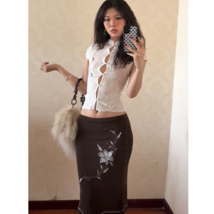 棕色百合花半身裙女2025新款 设计感高腰显瘦休闲百搭包臀A字中裙