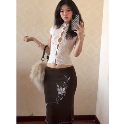设计感棕色百合花半身裙女