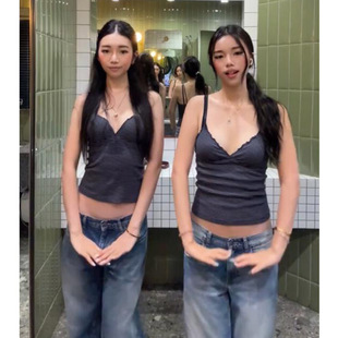 美式辣妹条纹木耳边背心吊带女设计感小众修身显瘦性感BM无袖上衣