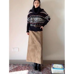裙 高腰休闲百搭棕色中长款 法式 复古后开叉腰麂皮半身裙女2026新款