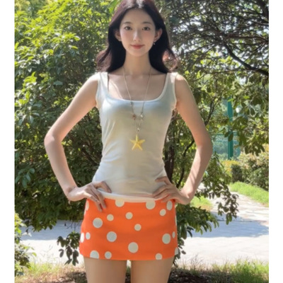 不规则橘色波点超短裙裤女