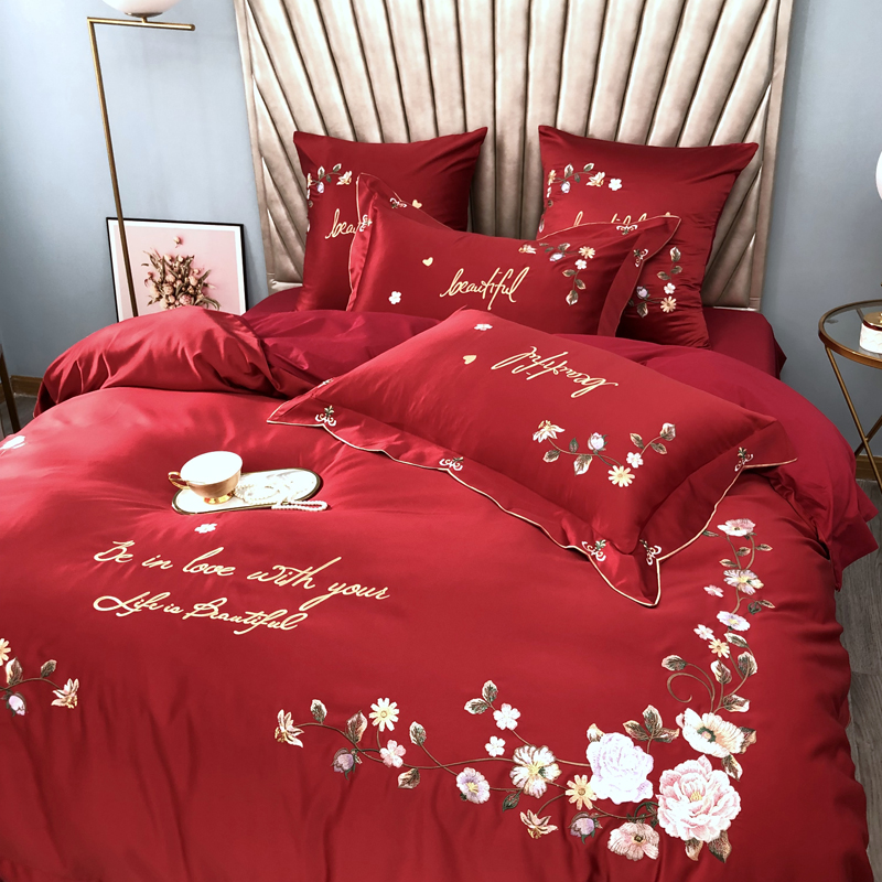 全棉婚庆四件套纯棉大红色刺绣新婚喜被床品欧式高档结婚床上用品