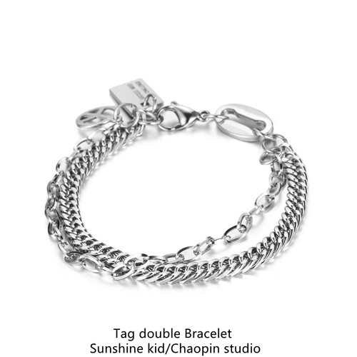 情侣钛钢嘻哈潮吊牌双层手链