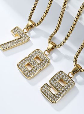 欧美钛钢满钻幸运数字项链嘻哈