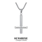 欧美男潮嘻哈倒立十字架项链光面菱形吊坠小众个性 百搭钛钢毛衣链