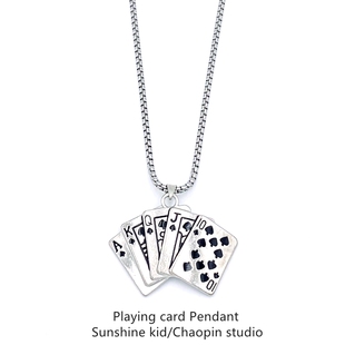 欧美个性潮男嘻哈项链同花顺扑克牌吊坠长款钛钢不掉色潮人女挂饰