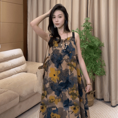 时尚度假风宽松印花吊带长裙2025夏季法式轻奢气质超仙吊带连衣裙