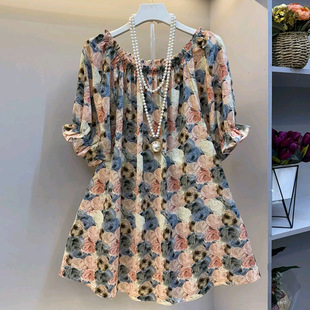 大码 碎花一字领大衫 女装 衬衫 宽松显瘦上衣 胖妹妹短袖 夏季 收腰小衫