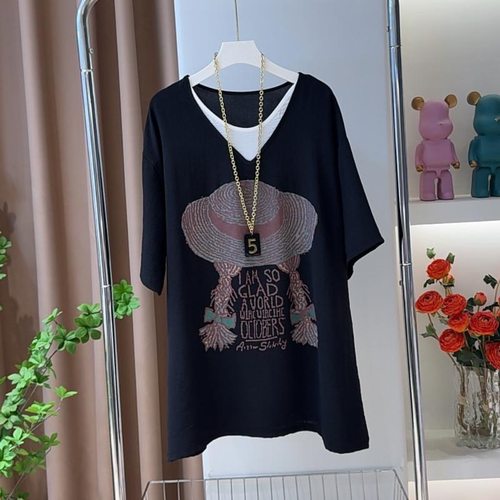 假两件大码女装法式气质短袖T恤