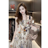 裙子印花2025女新款 夏季 大码 轻奢宽松吊带中长款 A字裙时尚 连衣裙