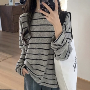 绒绒条纹针织衫女2025秋季新款慵懒风宽松韩版显瘦百搭长袖上衣