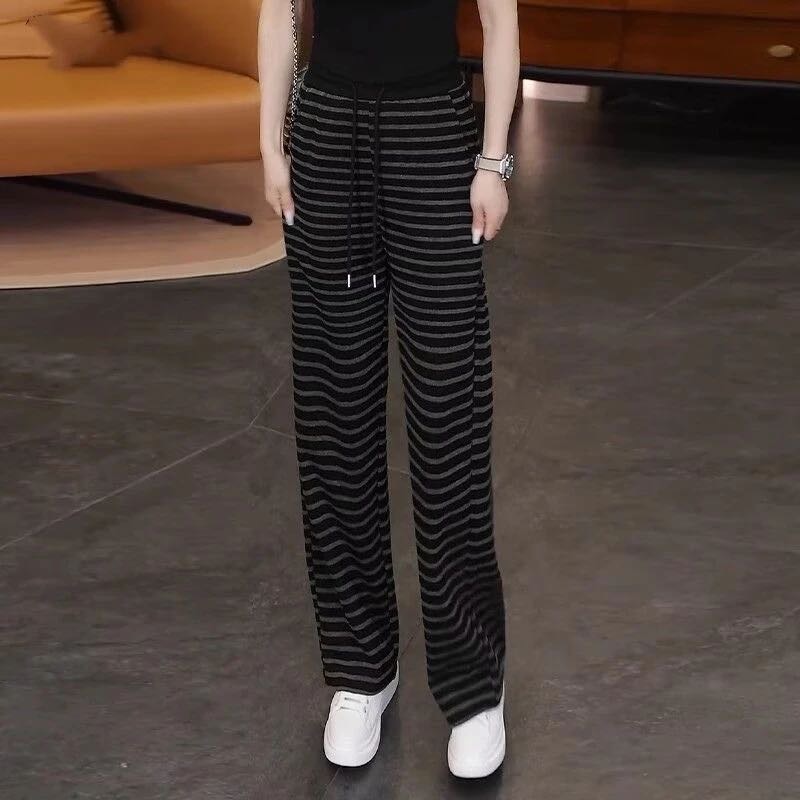 早秋条纹阔腿女高腰直筒裤