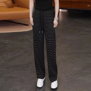 女休闲高腰宽松百搭慵懒风针织直筒裤 阔腿裤 条纹窄版 2025早秋新款