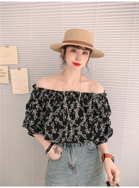 一字领露肩碎花衬衫女欧洲站夏装2025新款欧货女装时尚洋气小衫潮