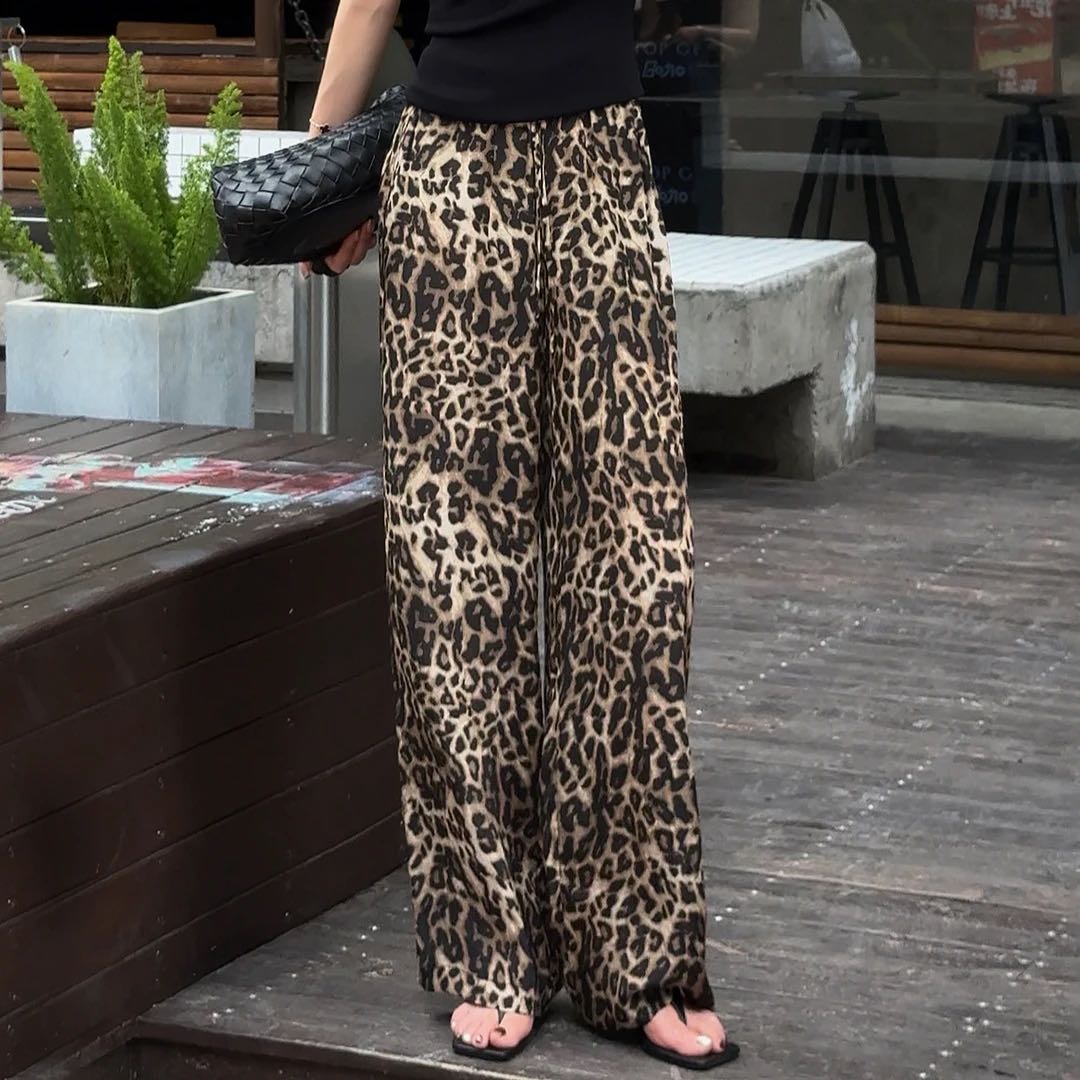 大码豹纹印花休闲宽松高腰阔腿裤