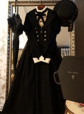 宫廷风黑色套装裙女秋季新款双排扣马甲蝴蝶结木耳领连衣裙两件套