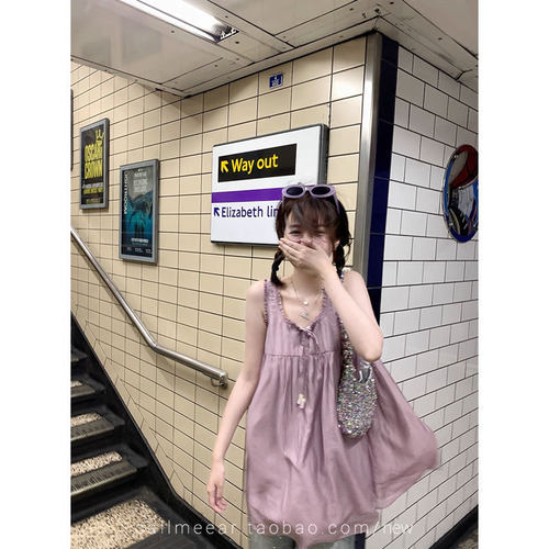 CallmeEar//【莓果慕斯】莱赛尔天丝花边背心娃娃裙短款a字连衣裙
