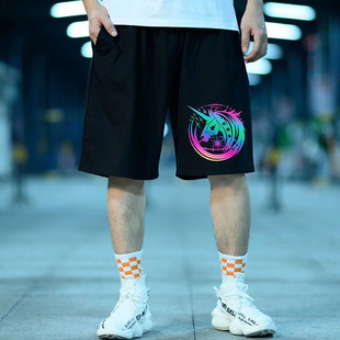 胖子肥佬运动印花五分裤 大码 休闲中裤 男宽松加肥加大夏季 潮胖 短裤