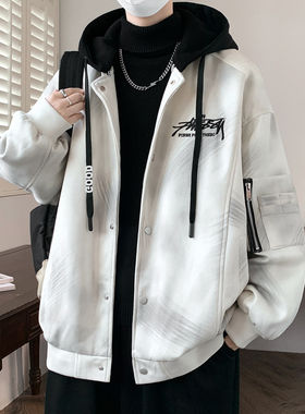 美式潮牌扎染棒球服男士大码胖子宽松可拆卸连帽夹克青年百搭外套