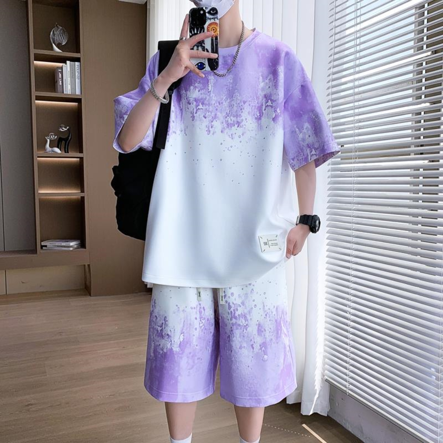 大码男士穿搭一整套夏季微胖子潮牌宽松加肥加大短裤渐变帅气套装