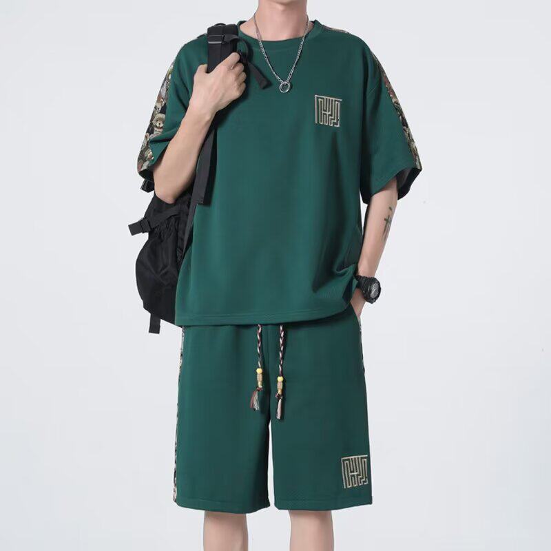 男士休闲胖子大码套装夏季薄款短袖短裤宽松两件套潮流跑步运动服