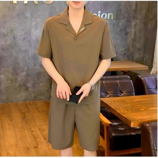 半袖 夏季 潮牌冰丝V领T恤2023新款 男士 冰丝Polo衫 高级感套装 男短袖